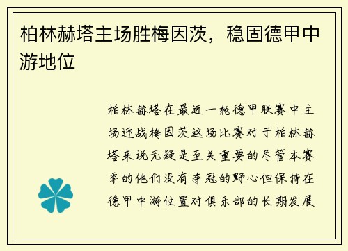 柏林赫塔主场胜梅因茨，稳固德甲中游地位