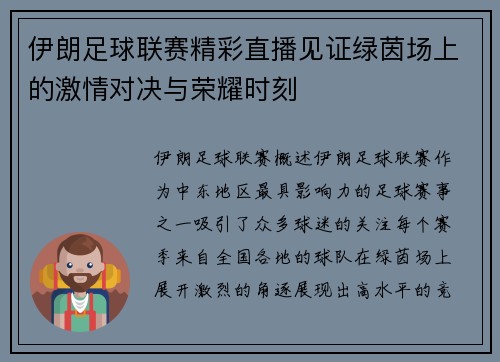 伊朗足球联赛精彩直播见证绿茵场上的激情对决与荣耀时刻