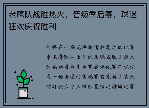 老鹰队战胜热火，晋级季后赛，球迷狂欢庆祝胜利